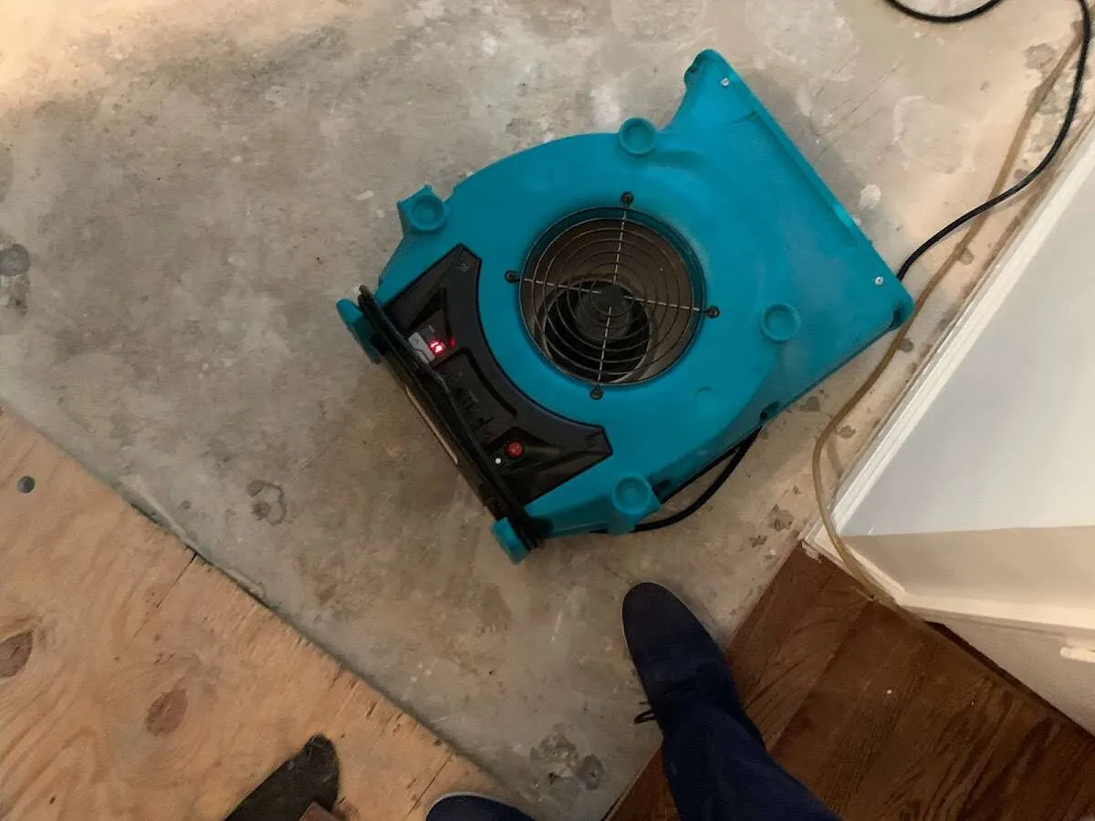 Air mover drying subfloor during Commercial Water Damage Restoration in Bellwood